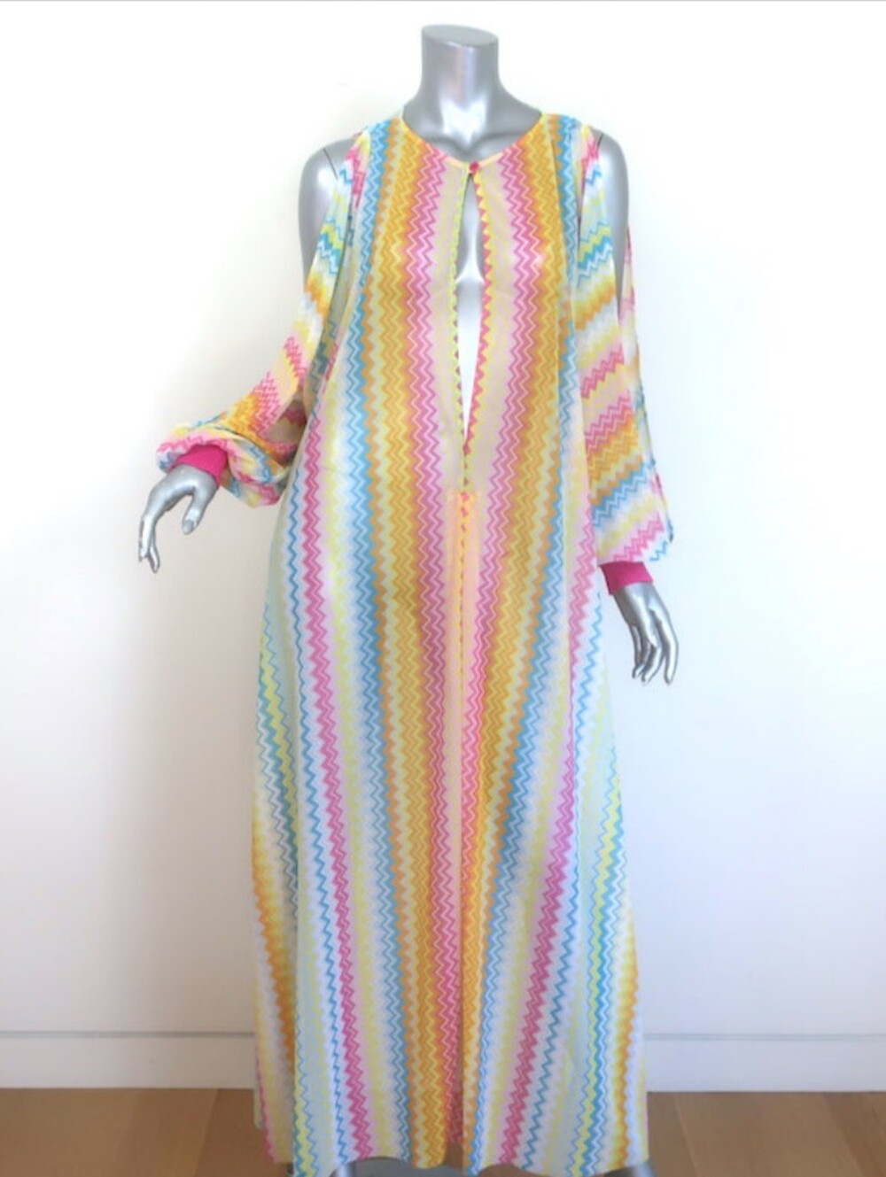 Italian Missoni Multicolor Zigzag Tie-Neck Cold-Shoulder Blouse